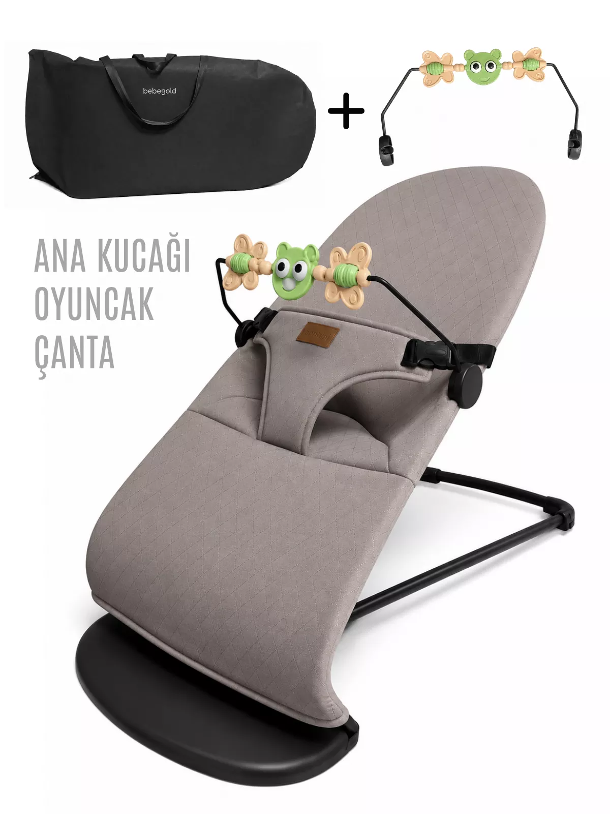 Üç Kademeli Sallanan Bej Ana Kucağı Oyuncaklı Ve Çantalı Set