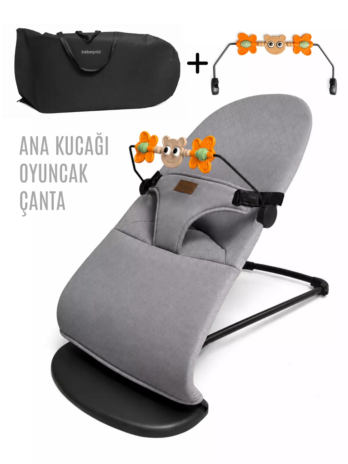 Üç Kademeli Sallanan Gri Ana Kucağı Oyuncaklı Ve Çantalı Set