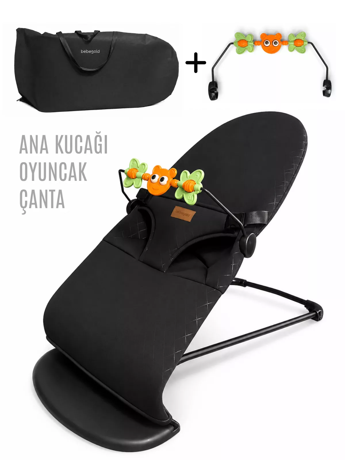 Üç Kademeli Sallanan Siyah Ana Kucağı Oyuncaklı Ve Çantalı Set